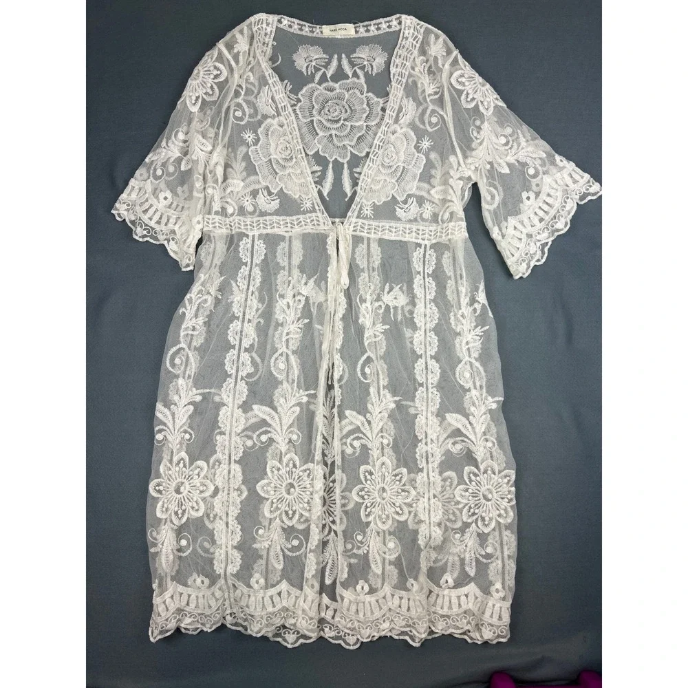 Nare Moda‎ Lace Kimono Cover Up Boho Festival Fairycore Duster White Lace Large